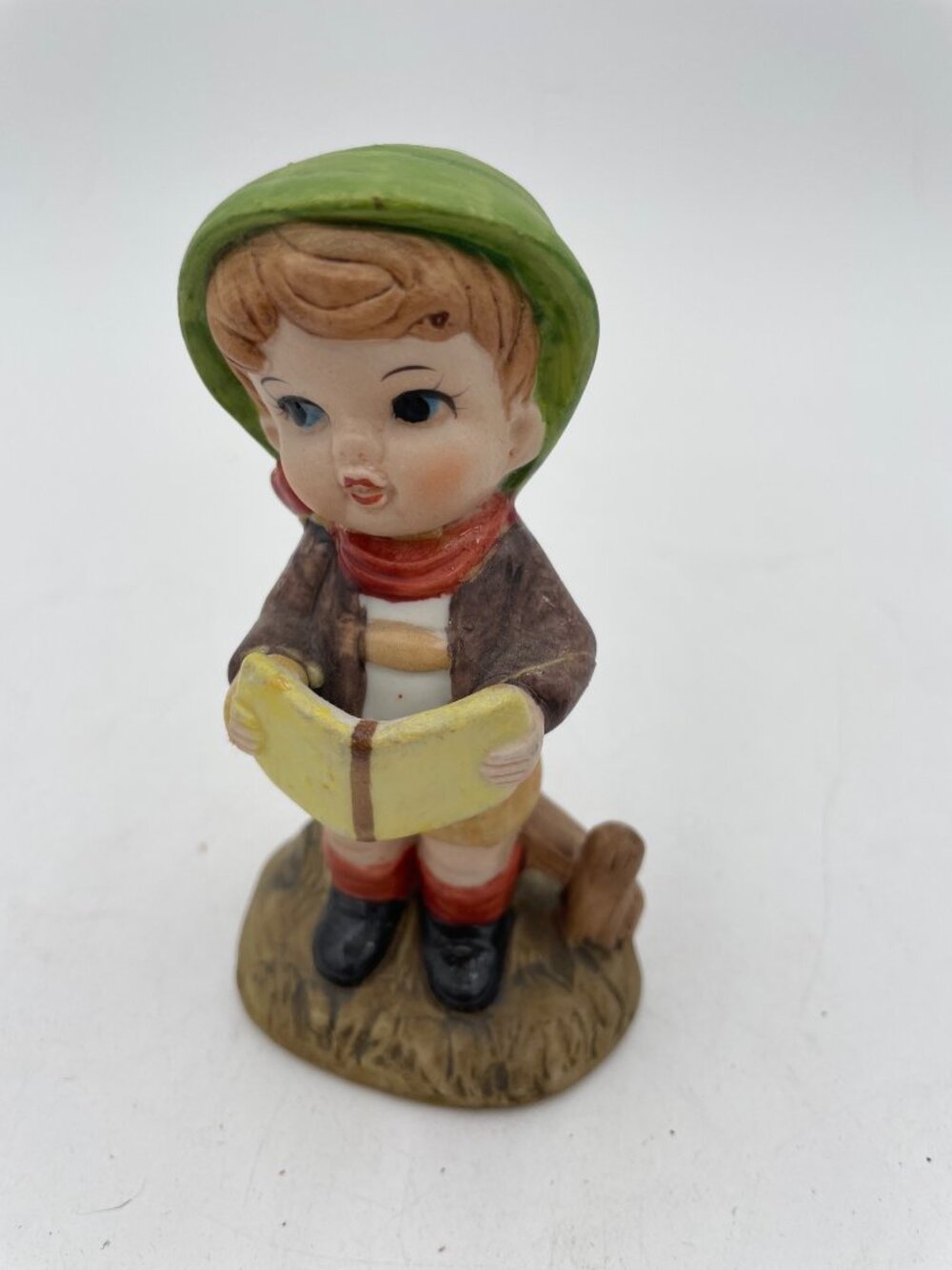 Vintage Hummel Style Figurine Of Boy Reading A Book Green Hat & Red Scarf READ